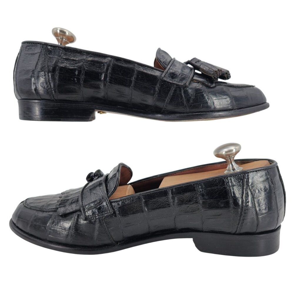 Vintage Belvedere Exotic Full Crocodile Black Dress Shoes Men 8.5 Tassel Loafer - Picture 6 of 12